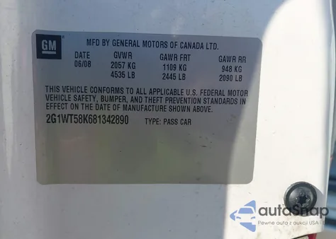 2008 Chevrolet Impala Lt z USA, uszkodzony, nr VIN 2G1WT58K681342890